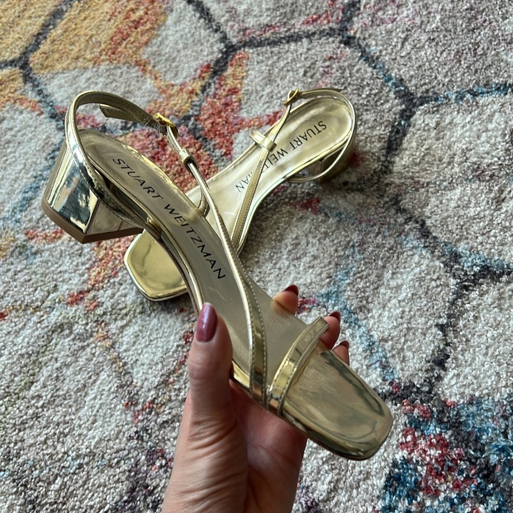 Stuart Weitzman Soire Metallic Gold Block Heels -… - image 2